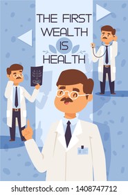 Doctor vector doctoral character professional medical worker physician with medicine-chest in clinic illustration backdrop hospital ad banner background.