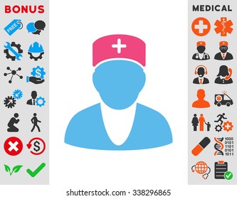 Doctor vector icon with bonus. Style is bicolor flat symbol, pink and blue colors, rounded angles, white background.