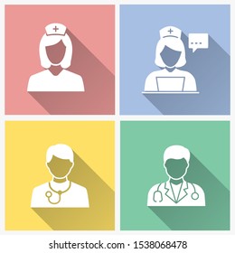 Doctor vector icon with long shadow. Simple illustration isolated for graphic and web design.