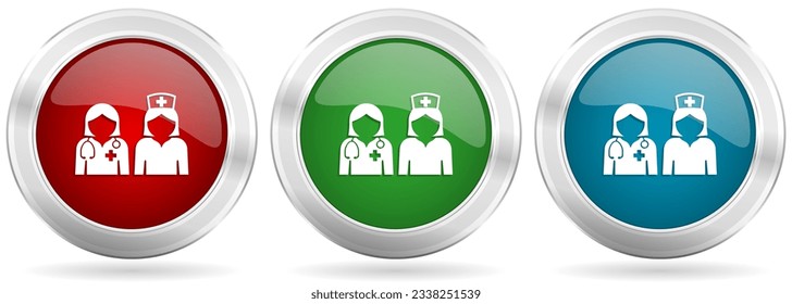Doctor vector icon set. Red, blue and green silver metallic web buttons with chrome border