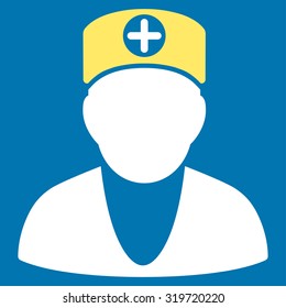 Doctor vector icon. Style is bicolor flat symbol, yellow and white colors, rounded angles, blue background.