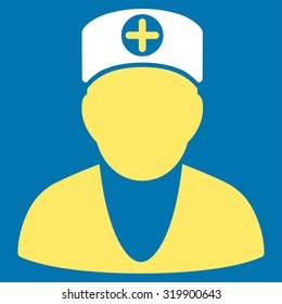 Doctor vector icon. Style is bicolor flat symbol, yellow and white colors, rounded angles, blue background.