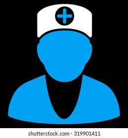 Doctor vector icon. Style is bicolor flat symbol, blue and white colors, rounded angles, black background.