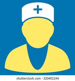 Doctor vector icon. Style is bicolor flat symbol, yellow and white colors, rounded angles, blue background.