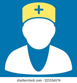 Doctor vector icon. Style is bicolor flat symbol, yellow and white colors, rounded angles, blue background.