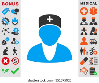 Doctor vector icon. Style is bicolor flat symbol, blue and gray colors, rounded angles, white background.