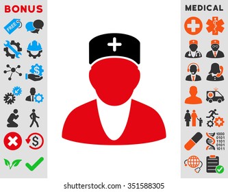 Doctor vector icon. Style is bicolor flat symbol, intensive red and black colors, rounded angles, white background.