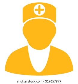 Doctor vector icon. Style is flat symbol, yellow color, rounded angles, white background.