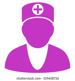 Doctor vector icon. Style is flat symbol, violet color, rounded angles, white background.