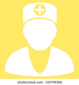 Doctor vector icon. Style is flat symbol, white color, rounded angles, yellow background.