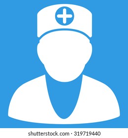 Doctor vector icon. Style is flat symbol, white color, rounded angles, blue background.
