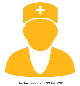 Doctor vector icon. Style is flat symbol, yellow color, rounded angles, white background.