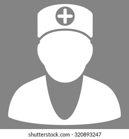 Doctor vector icon. Style is flat symbol, white color, rounded angles, gray background.