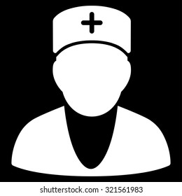 Doctor vector icon. Style is flat symbol, white color, rounded angles, black background.