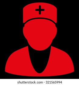 Doctor vector icon. Style is flat symbol, red color, rounded angles, black background.