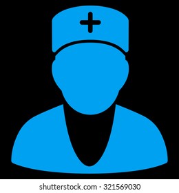 Doctor vector icon. Style is flat symbol, blue color, rounded angles, black background.