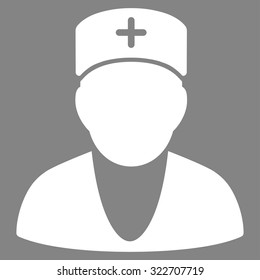Doctor vector icon. Style is flat symbol, white color, rounded angles, gray background.