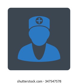 Doctor vector icon. Style is flat rounded square button, smooth blue colors, white background.