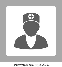 Doctor vector icon. Style is flat rounded square button, dark gray and white colors, silver background.