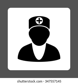 Doctor vector icon. Style is flat rounded square button, black and white colors, gray background.