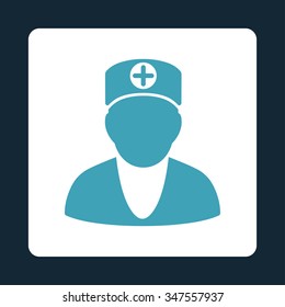 Doctor vector icon. Style is flat rounded square button, blue and white colors, dark blue background.
