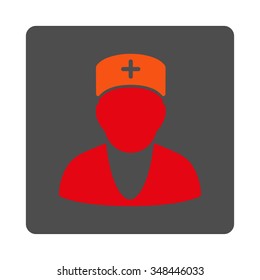 Doctor vector icon. Style is flat rounded square gray button with red symbol, white background.