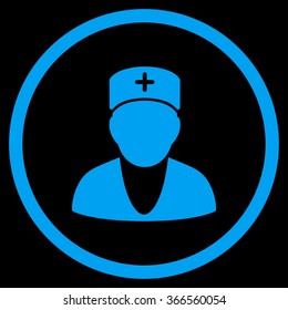 Doctor vector icon. Style is flat circled symbol, blue color, rounded angles, black background.