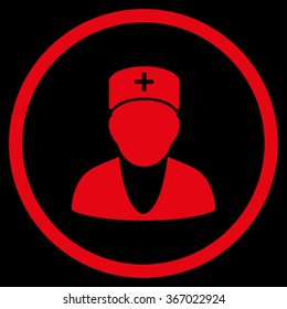 Doctor vector icon. Style is flat circled symbol, red color, rounded angles, black background.