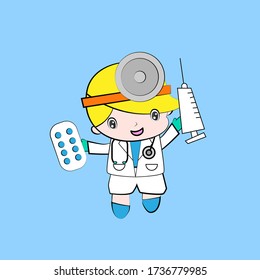 doctor vector illustration of cute chibi character isolated for kids learn jobs. Background, t-shirt, card and sticker profession
