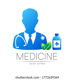 Doctor vector logotype in blue color with green leaf and bottle, cross. Silhouette medical man. Logo for clinic, health, medicine, business. Concept on white. Template for web, identity modern style