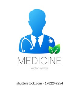 Doctor vector logotype in blue color with green leaf. Silhouette medical man. Logo for clinic, health, medicine, business. Concept on white. Template for web, identity modern style isolated on white