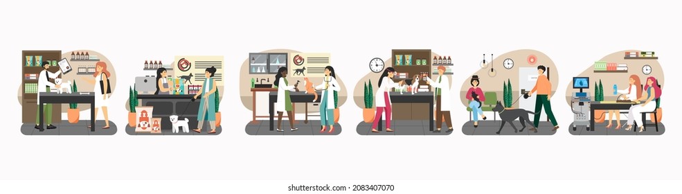 Doctor vet examining cat and dog, giving a shot, doing ultrasound, selling food, vector illustration. Pet care.