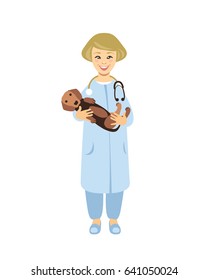 Doctor vet with puppy in arms. Vector illustration