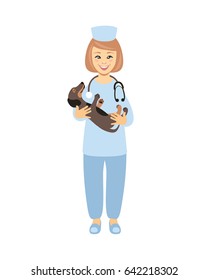 Doctor vet with puppy in arms. Vector illustration