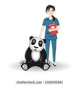 Doctor Vet woman next to Panda. The veterinarian holds in his hand the medical history of the animal or pet. Concept of care for endangered species.