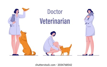 Doctor veterinarian with animals cat dog bird. Set of vector illustrations. Isolated on white.