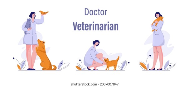 Doctor veterinarian with animals cat dog bird. Set of vector illustrations.