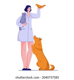 Doctor veterinarian with animals cat dog bird. Vector illustration in flat. Isolated on a white.