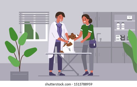 Doctor Veterinarian Checking Dog At Vet Clinic. Dog Owner In Doctors Cabinet With Pet. Veterinary Medicine Concept. Flat Cartoon Vector Illustration. 
