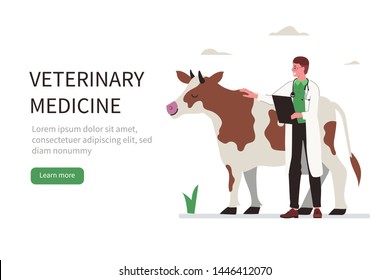 Doctor veterinarian and cow. Can use for web banner, infographics, hero images.  Flat style vector illustration isolated on white background.