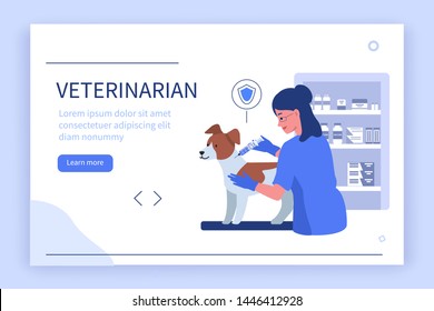 Doctor veterinarian and dog. Can use for web banner, infographics, hero images.  Flat style vector illustration isolated on white background.
