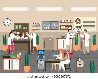 Doctor veterinarian giving dog injection, doing cat ultrasound, vector illustration. Pet care. Vet clinic services.
