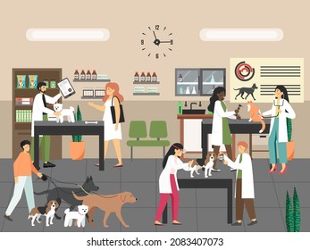 Doctor veterinarian giving dog injection, examining cat, vector illustration. Pet care. Vet clinic services.