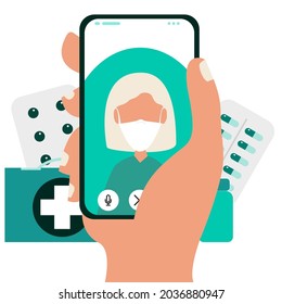 Doctor video calling on a smartphone. holding smartphone video calling. Call your doctor about your health, taking your medication as directed.