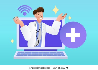 Chamada de vídeo médica na tela do smartphone. Consulta médica em linha , conceito de serviços de apoio. Cuidados de saúde online e aconselhamento médico. Serviço de saúde eletrônica de telemedicina. Ilustração de vetor plano.