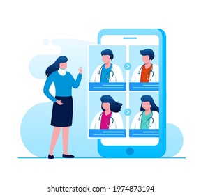 Doctor videocalling on a smartphone. Online medical services, medical consultation. Vector illustration for websites landing page templates
