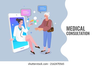 Doctor videocalling on smartphone screen. Online medical consultation and support services concept. Online healthcare and medical advise. Tele medicine e-health service. Flat vector illustration.