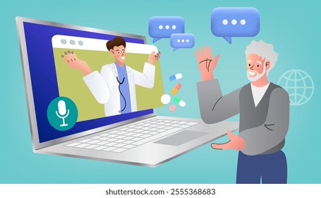 Doctor videocalling on smartphone screen. Online medical consultation senior , support services concept. Online healthcare and medical advise. Tele medicine e-health service. Flat vector illustration.