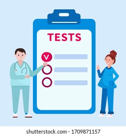 Doctor virologists analyze tests result. Concept of medical diagnostic with Physician and nurse. Test list for vaccination schedule. Hospital disease.