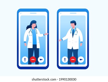 Doctor virtual meeting and meetup with technology mobile phone. teleconference flat vector illustration fit for banner, flyer, landing page, etc